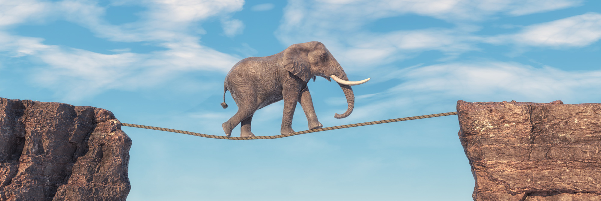 Elephant walks on slackline rope above a gap between two mountain peaks.